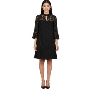 Nanette Lepore Designer LBD Black Lace Bell Sleeve Ribbon Detail Dress Size 8